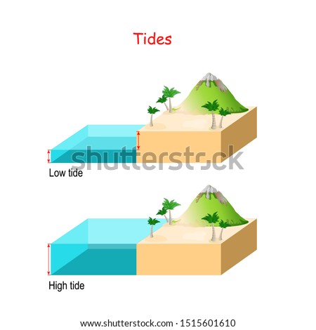 High and low tides. Landscape with mountain, sea and palm trees. water ​​level