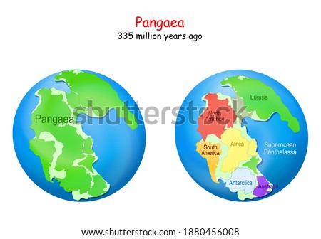 globe with supercontinent Pangaea, modern continental borders, and Superocean Panthalassa. Pangea Maps. Continental drift theory. planet Earth millions years ago. vector illustration for education