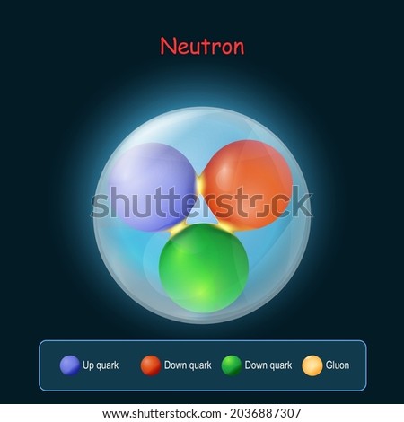 Neutron structure. Up quark, Gluon and Down quark. Subatomic particle, with neutral charge, constitute the nuclei of atoms. Realistic Quarks and gluons into the neutron on dark background. vector