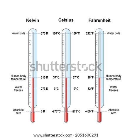 temperature scales. Celsius, Fahrenheit and Kelvin thermometers. comparison and difference. vector illustration