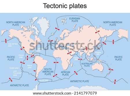 Map of Earth's principal tectonic plates. Earth's lithosphere. Major and minor plates. arrows indicate direction of movement at plate boundaries. Vector illustration