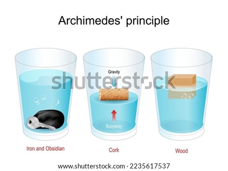 Archimedes Principle. Experiment with water glasses, obsidian stone, iron key, cork and wood cube. buoyant acting on the object that floats is equal to the weight of the fluid that is displaced