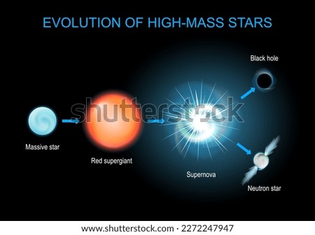 Stellar evolution. Life cycle of massive stars from red supergiant, and supernova, to black hole, and neutron star. Vector poster about astronomy. infographic diagram