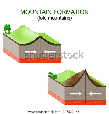 mountain formation. Tectonic Plates collide, buckle and fold, forming mountains. Vector illustration