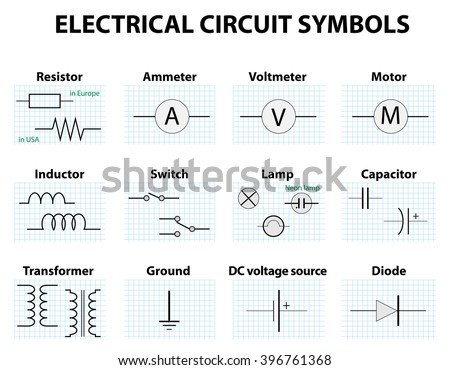 Electric circuit symbol element set. Pictogram used to represent electrical and electronic devices.