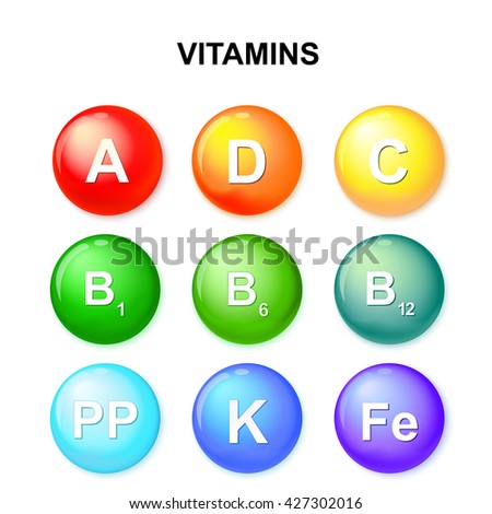 button with vitamins. Ascorbic acid (vitamin C), Retinol (vitamin A), Cholecalciferol (vitamin D3), Tocopherols (vitamin E) and vitamins B complex