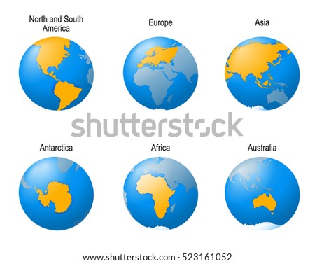 Earth globes set. showing all continents. illustration of planet viewed from 6 different angles.