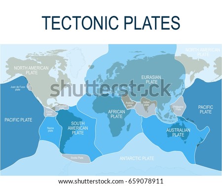 Plate tectonics. Earth's lithosphere. Scientific theory. Illustration shows Boundaries of Major (main) and minor plates.  Continental drift.