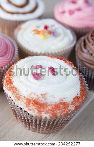 Close up set of colorful cupcakes on wooden background, brown table. Chocolate Cupcake, strawberry, pink, bright, white, vanilla. Cafe, restaurant, sweets, cakes.
