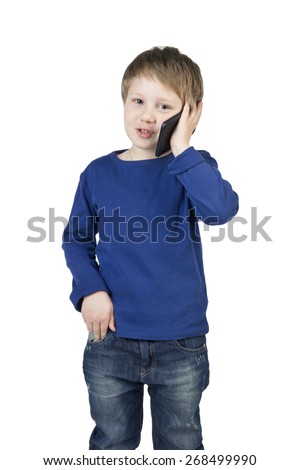 Baby, child boy call, talking, plays on tablet, cell phone, mobile phone isolated on white background.