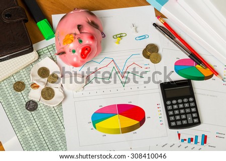 Business report. Above view of piggy bank and coins over documents