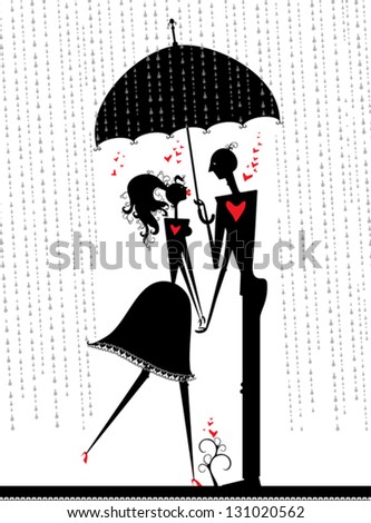 Enamored Under An Umbrella. Couple Of Lovers Are Hiding From The Rain ...