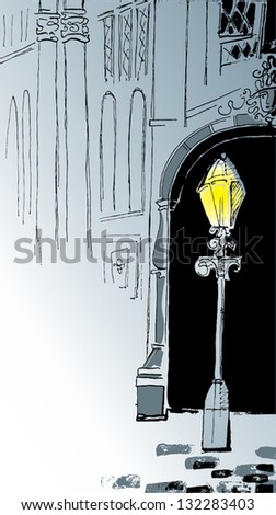 Old town. Quick illustration with house facade and a lantern in the classical style.