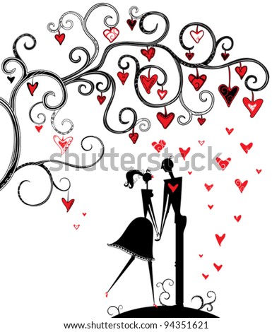 Romantic date under the tree of love. Stylish Valentine's Day illustration of a couple in love under the branches of the tree of love.