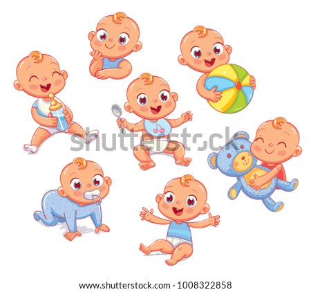 Happy smiling newborn boy in different situations. Set with cute little baby in diaper. Funny cartoon character. Vector illustration. Isolated on white background