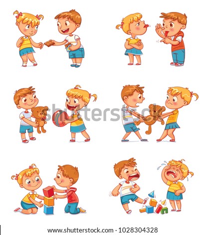 Good and bad behavior of a child. Brother and sister fighting over a toys. Best friends forever. Funny cartoon character. Isolated on white background. Vector illustration. Set