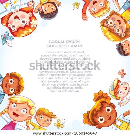 International Day of friends background. Multicultural kids in the circle. Group of happy children waving at the camera. View of a bottom-up. Funny cartoon character