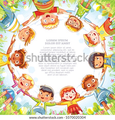 Multinational group of children holding hands. Below view of little friends looking at camera and smiling. Camera angle from bottom to top. Template for advertising brochure. Ready for your message