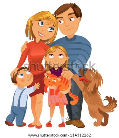 Happy Family Of Four And Two Pets, Posing Together, Vector Illustration ...