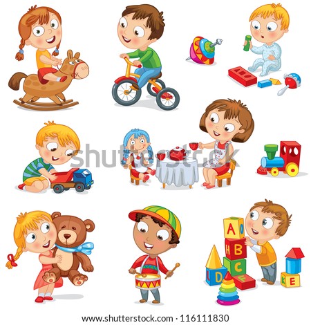 Children play with toys. Little girl riding a wooden horse, hugging a teddy bear, plays with a doll, boy sitting on a tricycle, playing with a toy car, bangs the drum, builds a house from cubes. Set