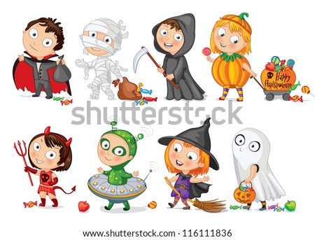 Happy Halloween. Funny little children in colorful costumes. Dracula, Grim Reaper, Devil,  mummy, alien, witch, ghost. Vector illustration. Icon