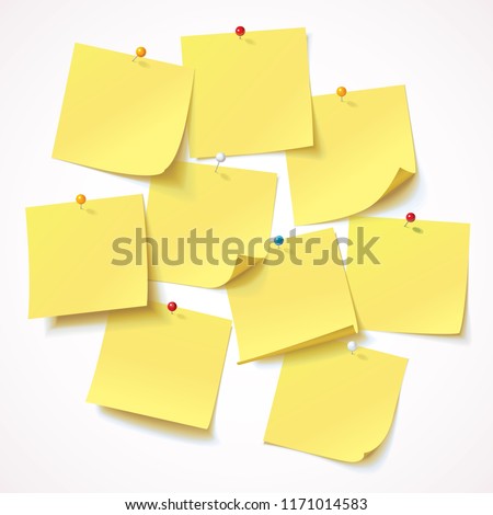 Big collection yellow sticker pinned pushbutton with curled corner, randomly scattered, ready for your message. Vector illustration. Isolated on white background. Front view. Top view. Close up. Set