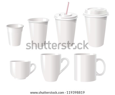 Collection of various white coffee cups isolated on white background, vector illustration