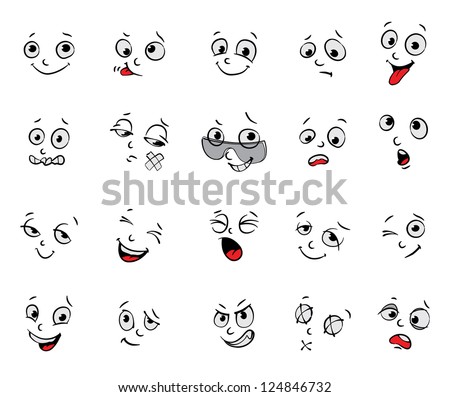 Emotions. Cartoon facial expressions set. ( natural, calm, resentful, playful, frightened, sad, satisfied, ailing, thoughtful, jolly, crying, angry, funny, enamored, astonished, laughing ). Vector