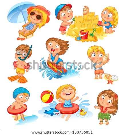 Summer vacation. Cute little girl in a bathing suit sunning on the beach under an umbrella. Swim in the sea. Funny boy in mask, flippers, swimming cap, Lifebuoy. Building a sand castle. Hawaiian dance