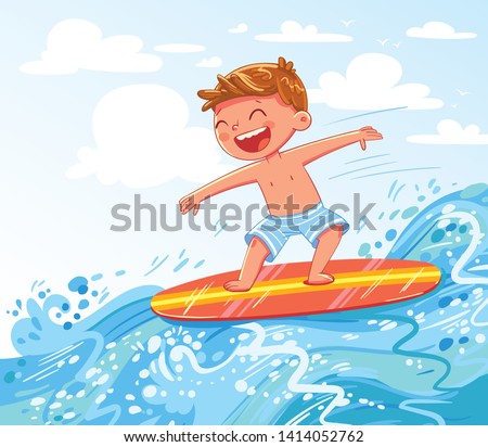 Similar – Children play on surfboard in mountain lake