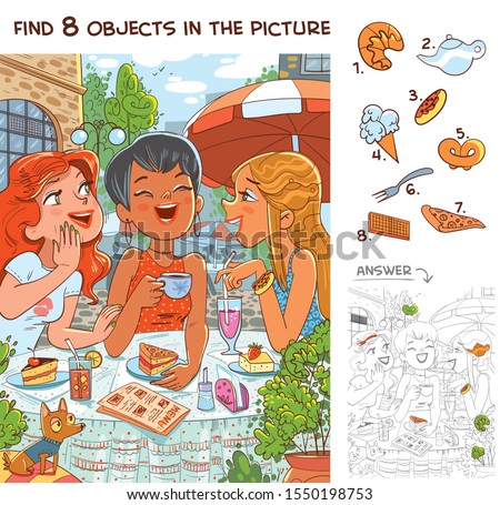 Find 8 objects in the picture. Puzzle Hidden Items. Cute girlfriends talking in a cafe. Funny cartoon character