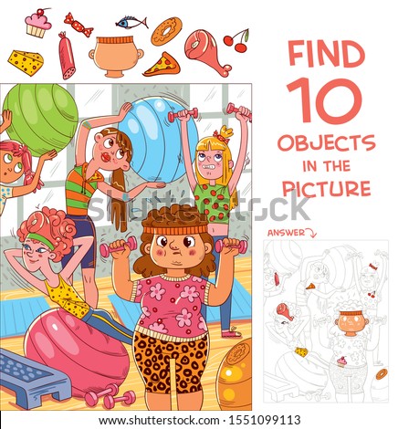 Find 10 objects in the picture. Puzzle Hidden Items. A group of girls are engaged in fitness. Funny cartoon character