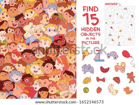 Ethnic diversity of children's faces. International Children's Day. Find 15 hidden objects in the picture. Puzzle Hidden Items. Funny cartoon character. Vector illustration