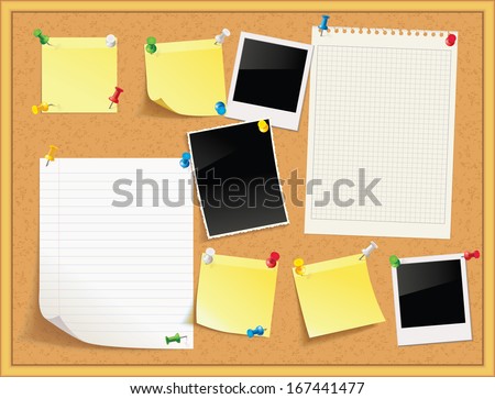Items pinned to a cork message board with wood frame, ready for your customized text or images. Yellow stick note. Blank worksheet exercise book. Empty shiny photo frame. Vector illustration. Set ストックフォト © 