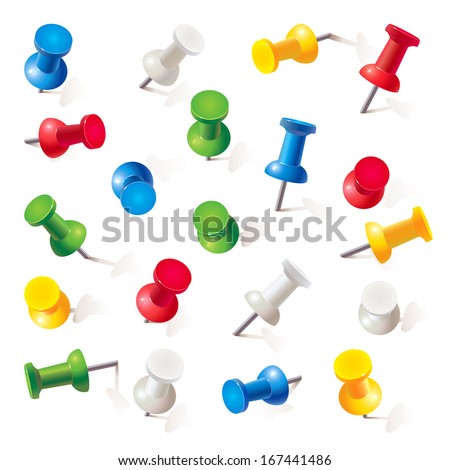 Set of push pins in different colors. Thumbtacks. Top view. Vector illustration. Isolated on white background. Set