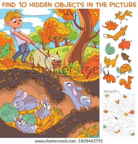 Dog pulls leash with its owner. Dog digs a rabbit hole. View hare house underground. Find 10 hidden objects in the picture. Puzzle Hidden Items. Funny cartoon character