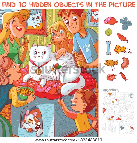 The family takes care of the cat. Find 10 hidden objects in the picture. Puzzle Hidden Items. Funny cartoon character