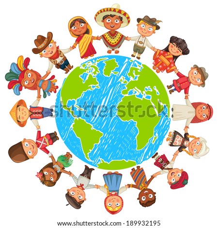 Nationalities. Different culture standing together holding hands. Unity children from around the world. Vector illustration. Isolated on white background. Earth day. Set