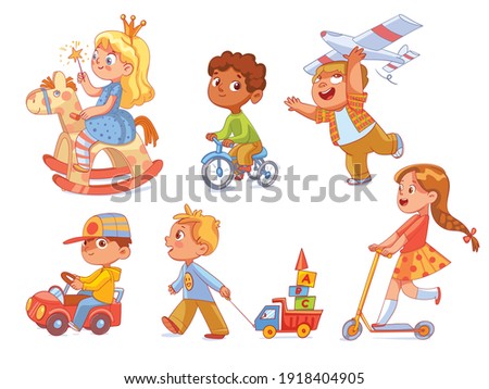 Kids in kindergarten play with their favorite toys. Children ride a wooden rocking horse, rides a tricycle, plays with an airplane and a toy car. Funny cartoon character. Vector illustration. Isolated