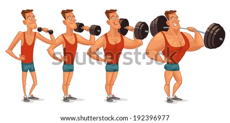 Muscle building from a weakling to a steep pitching. Gradual development. Funny cartoon character. Vector illustration. Isolated on white background. Set Stock foto © 