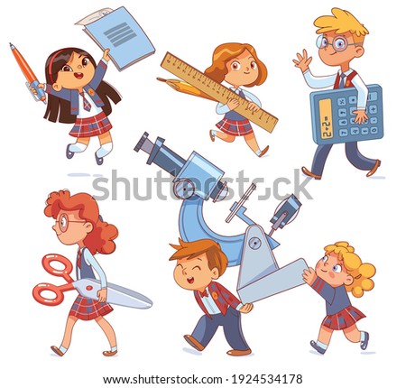 Back to school. Little children holding big school stationery. Set. Notebook and pen. Pencil and ruler. Scissors. Calculator. Microscope. Funny cartoon characters. Vector illustration. Isolated white