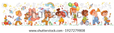 Kids in kindergarten play with their favorite toys against the background of the wall with children drawings. Long banner. Funny cartoon characters. Vector illustration. Isolated on white background