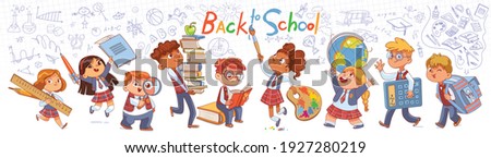 Back to school. Little children holding big school stationery. Long banner. Baby scribbles on the wall. Template for design. Funny cartoon characters. Vector illustration. Isolated on white background 商業照片 © 