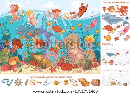 Children swim underwater with marine life. Kids snorkeling. Sport. Find all animals. Find 10 hidden objects in the picture. Puzzle Hidden Items. Funny cartoon character. Vector illustration. Set