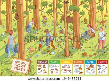 Find hidden objects in the picture. Find and sort the trash. Family collecting garbage in the forest. Find all animals. Puzzle Hidden Items. Funny cartoon character. Vector illustration. Set