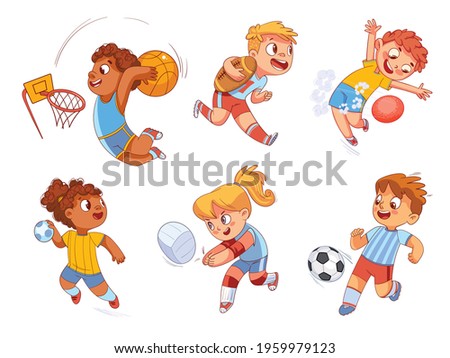 Team Sport. Volleyball, football, basketball, rugby, handball, dodgeball. Set. Colorful cartoon characters. Funny vector illustration. Isolated on white background