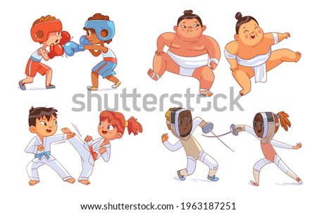 Combat sport. Set. Boxing, Sumo, Fencing, Karate. Colorful cartoon characters. Funny vector illustration. Isolated on white background