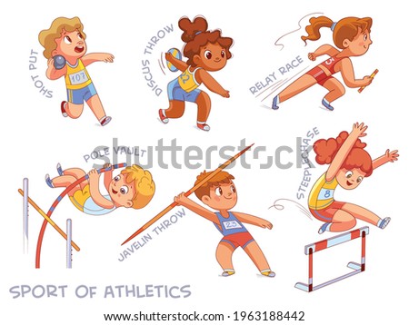 Sport of athletics. Set. Shot put, Discus throw, Relay race, Pole vault, Javelin throw, Steeplechase, Long jump, Marathon. Cartoon characters. Funny vector illustration. Isolated on white background