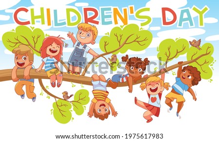 Children's Day. Children hung on a tree branch. Colorful cartoon characters. Funny vector illustration. Ready banner for your design