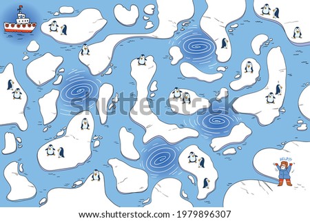 Find the right path. Children's puzzle. Rescue man of the North Pole, among the ice and icebergs. Rescue expedition. Funny cartoon characters. Vector illustration